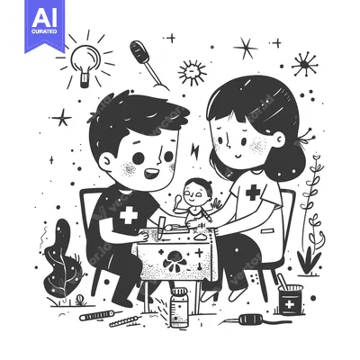 Two Cartoon Doctors Treating a Tiny Patient with a First Aid Kit