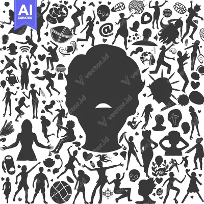 A Black and White Silhouette of a Human Head Surrounded by Silhouettes