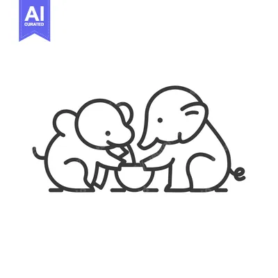 Aset desain premium: Two Cartoon Elephants Sharing a Bowl