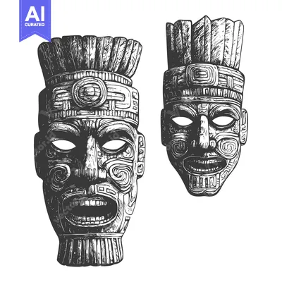 Aset premium populer: Two Carved Wooden Masks with Intricate Designs