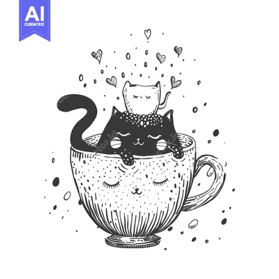 Two Cats Relaxing in a Teacup with Hearts Surrounding Them