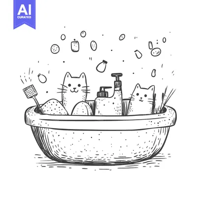 Aset premium populer: Two Cats Taking a Bath with Soap Bottles and a Brush