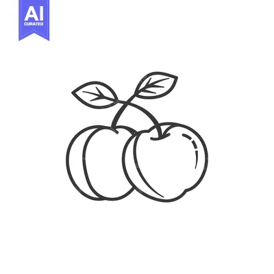 Aset premium populer: Two Cherries with Stem and Leaves in Line Art Style