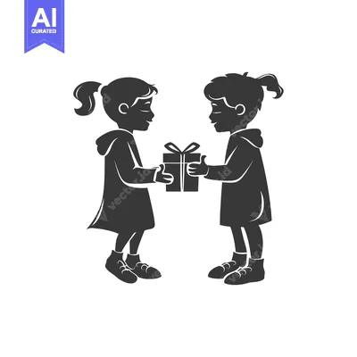 Aset desain premium: Two Children Exchanging a Gift