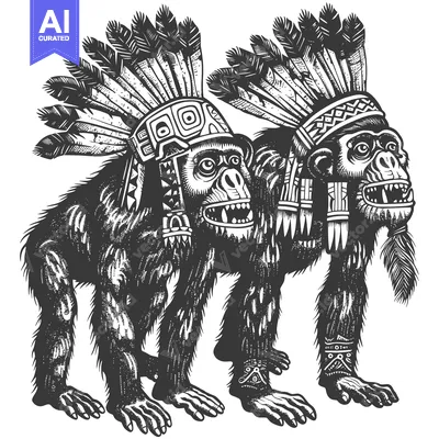 Two Chimpanzees Wearing Traditional Native American Headdresses