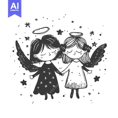 Two Cute Angels Holding Hands with Haloes and Wings in a Starry Sky