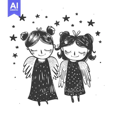 Two Cute Angels with Closed Eyes Surrounded by Stars