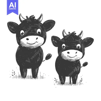 Two Cute Black and White Cartoon Cows Standing in Grass