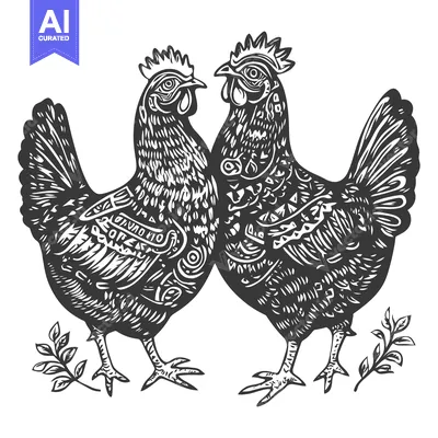 Two Detailed Black and White Chickens Facing Each Other