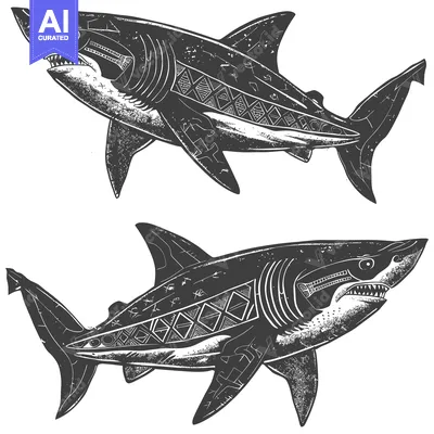 Aset desain premium: Two Detailed Black and White Great White Sharks with Tribal Patterns