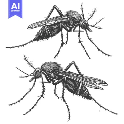 Two Detailed Black and White Hand-Drawn Mosquitoes