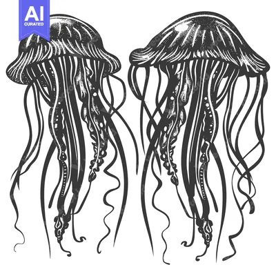 Two Detailed Black and White Illustrations of Jellyfish