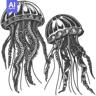 Two Detailed Black and White Jellyfish Illustrations