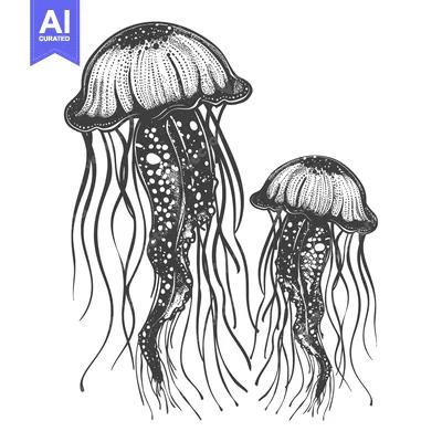 Aset premium populer: Two Detailed Black and White Jellyfish Illustrations