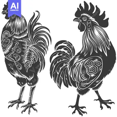 Two Detailed Black and White Rooster Illustrations