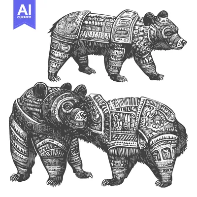 Two Detailed Engraved Bears with Intricate Tribal Patterns