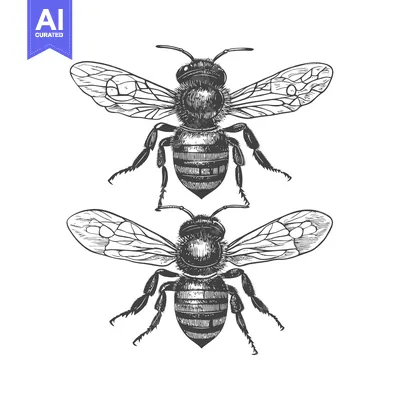 Two Detailed Hand-Drawn Bees with Spread Wings