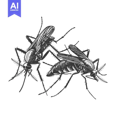 Two Detailed Mosquitoes in a Black and White Sketch