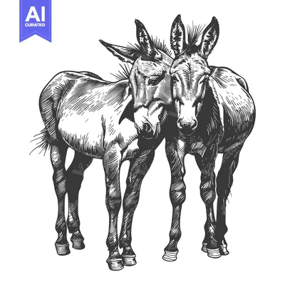 Aset premium populer: Two Donkeys Standing Close Together in an Engraved Style