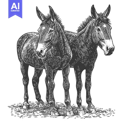 Two Donkeys Standing Side by Side in a Woodcut Style Illustration