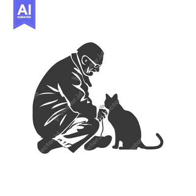 A Black and White Silhouette of an Elderly Man Kneeling with a Cat
