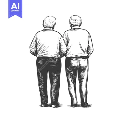 Two Elderly Men Standing Back-to-Back in Hand-Drawn Style
