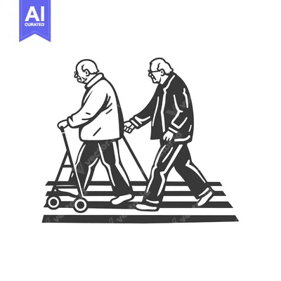Two Elderly Men Walking Across a Crosswalk, One Using a Walker