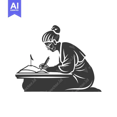 Premium design asset: A Black and White Silhouette of an Elderly Woman Writing