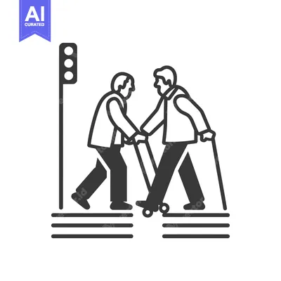 Two Elderly Men Walking Across a Crosswalk with a Traffic Light