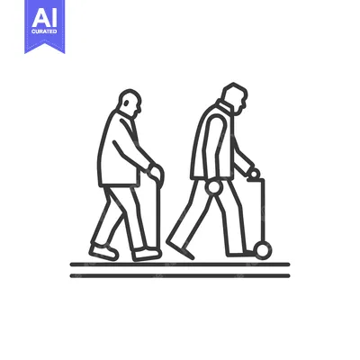 Two Elderly Men Walking, One Using a Walker, the Other Using a Cane