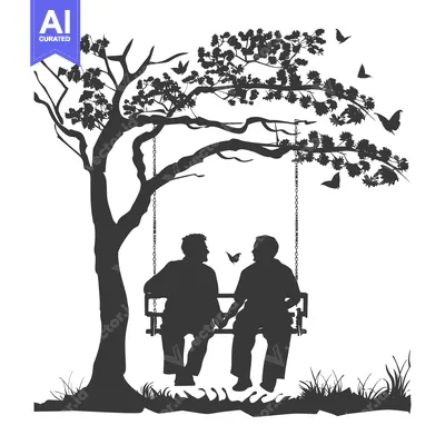 Two Elderly People Sitting on a Swing Under a Tree