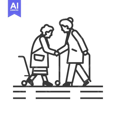 Aset desain premium: Two Elderly People Walking, One Using a Walker, the Other Pushing a Sh