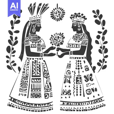 Two Female Figures in Traditional Attire Holding a Stylized Flower