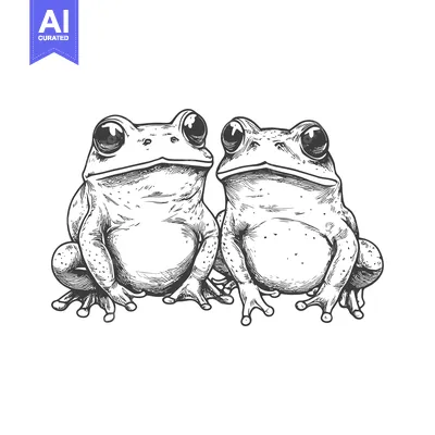 Two Frogs Sitting Side by Side, Hand-Drawn Illustration