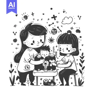 Aset premium populer: Two girls comforting a boy with a skeleton illustration