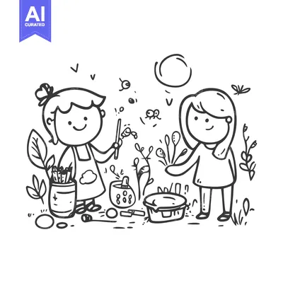 Two Girls Drawing and Painting Outdoors with Supplies