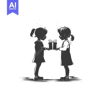 Two girls exchange a gift in a simple silhouette illustration
