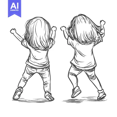 Aset desain premium: Two girls in casual clothing walking and jumping