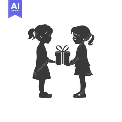 Two Girls Silhouettes Exchanging a Gift