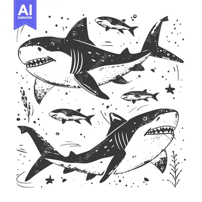 Two Great White Sharks Swimming Through a School of Fish