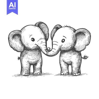 Two Hand-Drawn Elephants Touching Trunks