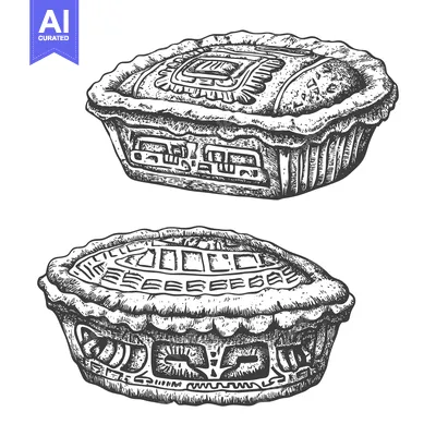 Two Hand-Drawn Engraved Pies with Intricate Designs