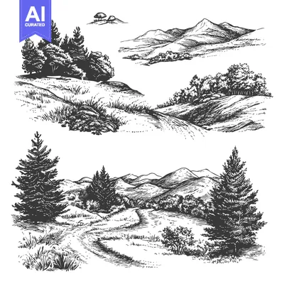 Two Hand-Drawn Sketches of Mountainous Landscapes with Trees and Windi