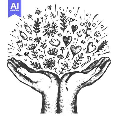 Aset desain premium: Two Hands Holding a Collection of Drawn Flowers, Hearts, and Other Obj