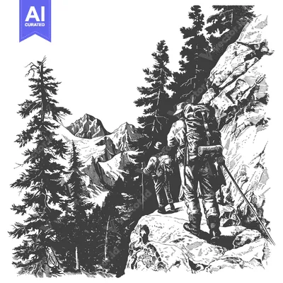 Two Hikers Ascending a Mountainous Ridge with Backpacks and Hiking Sti