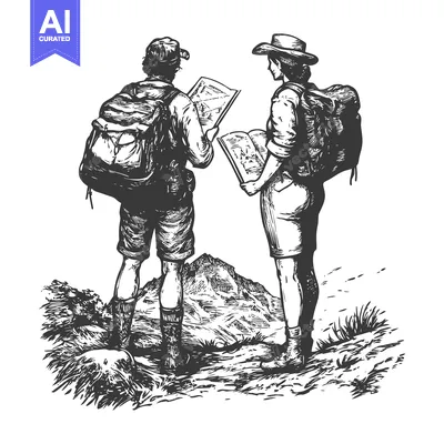 Two Hikers Examining a Map on a Mountain Peak