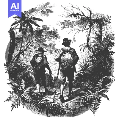 Two Hikers Walking Through a Lush Tropical Forest