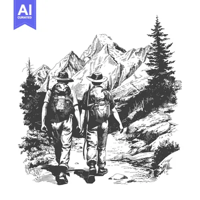 Two Hikers Walking Through a Mountain Landscape