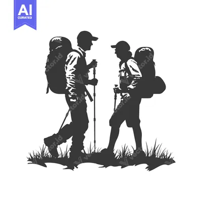 Two Hikers with Backpacks and Trekking Poles in Silhouette