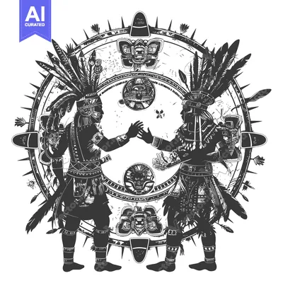 Two Indigenous Figures in Ceremonial Attire Facing Each Other Within a